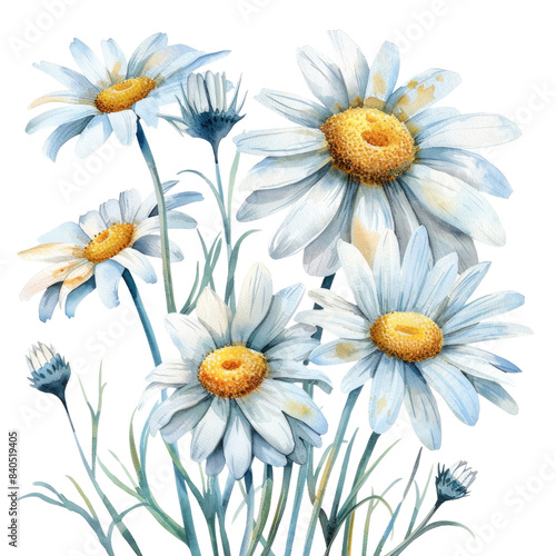 White chamomile flowers. watercolor drawing.