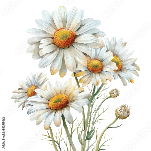 White daisies with yellow centers are in full bloom. The petals are delicate and the leaves are a deep green. The flowers are arranged in a bouquet.