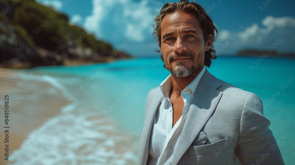 Confident Mature Man in Light Gray Suit Standing on Tropical Beach with Turquoise Water and Blue Sky. Summer, Travel and Business concept. Confident Mature Man in Light Gray Suit Standing on Tropical Beach with Turquoise Water and Blue Sky. Summer, Travel and Business concept.