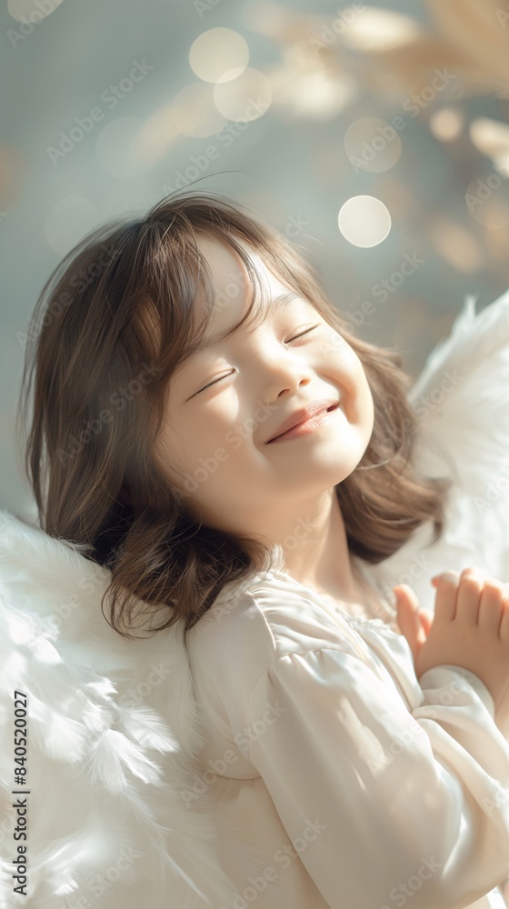 Adorable Little Girl Dressed as Angel Praying with Eyes Closed Against Soft Bokeh Background Adorable Little Girl Dressed as Angel Praying with Eyes Closed Against Soft Bokeh Background