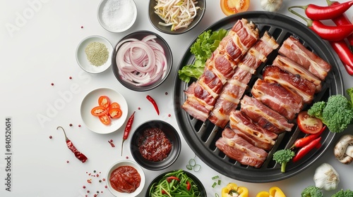 Detailed mockup of a Moo Kratha grill setup with pork, veggies, sauces on white bg. Minimalistic design, highly realistic, Created with Generative AI. photo