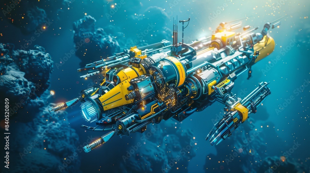 Imaginary subsea drone or robot for deep underwater exploration and monitoring the sea bottom. An autonomous underwater rov with manipulators or robotic arms. Imaginary subsea drone or robot for deep underwater exploration and monitoring the sea bottom. An autonomous underwater rov with manipulators or robotic arms.
