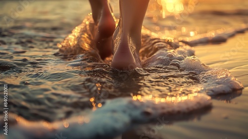 Close-up of barefoot person walking on sandy beach at sunset with gentle waves lapping at feet, creating a serene and tranquil coastal scene.