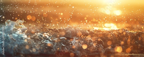 Close-up of ocean waves with golden bokeh and sunlight, creating a warm, serene, and vibrant seascape atmosphere.