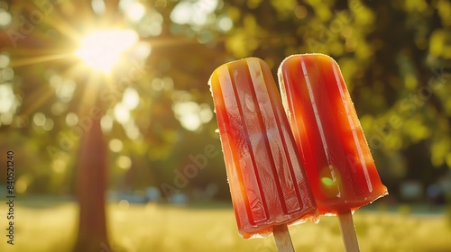 Refreshing red popsicles in the warm sunlight of a summer day, with a blurred green background of a park or garden.