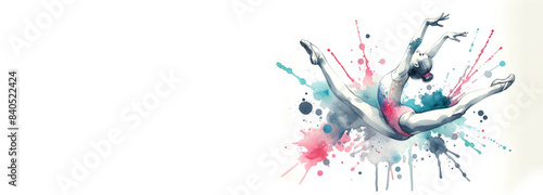 Illustration of a rhythmic gymnast in action on a colorful watercolor background. Sports concept  competition  healthy lifestyle. Suitable for sports events  gymnastics brands  and Olympic promotions.