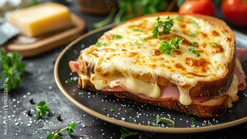 Fototapeta Naklejka Na Ścianę i Meble -  Savory Delight: Close-Up of a Croque Monsieur Sandwich
