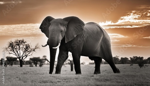 A majestic elephant stands tall in the African savanna  surrounded by sparse vegetation and distant trees. The monochrome palette emphasizes the elephant s grandeur and the vastness of its habitat. 