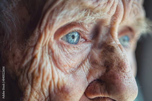Close up of senior man blue eye and wrinkled skin. Focus on deep lines and textures conveys age and experience