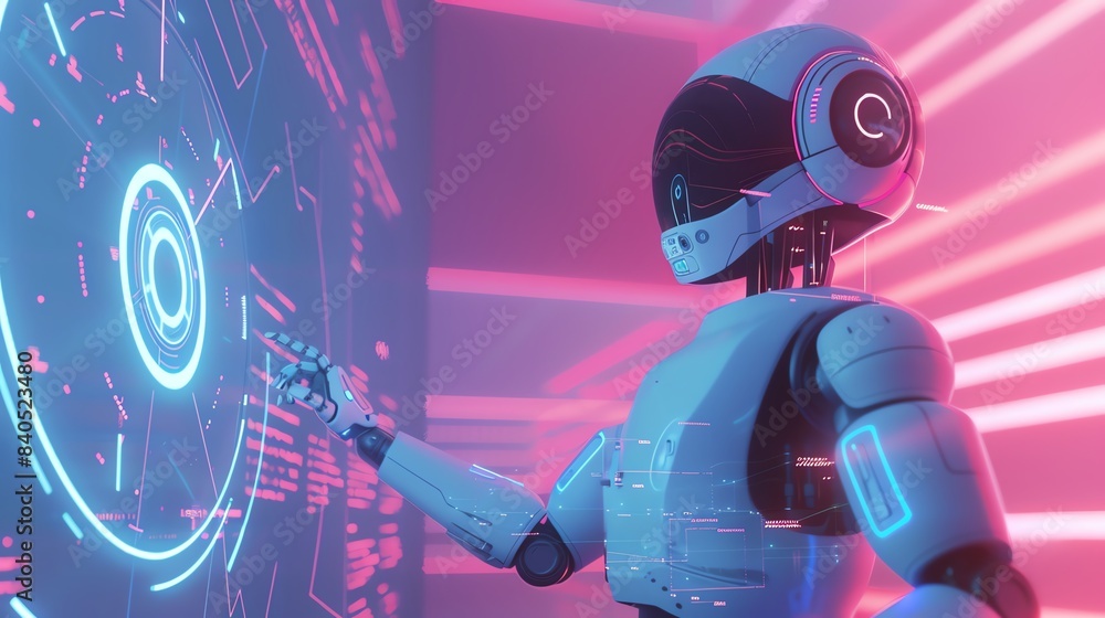 Futuristic robot interacting with high-tech holographic interface in a neon-lit environment, representing advanced technology and artificial intelligence. Futuristic robot interacting with high-tech holographic interface in a neon-lit environment, representing advanced technology and artificial intelligence.