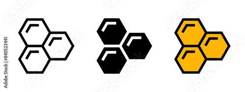 Honeycomb icon set. Honey symbol. Bee wax sign. Yellow hexagon comb vector illustration.
