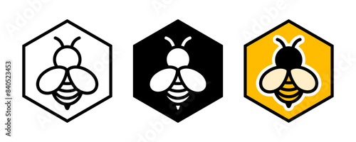 Bee at the honeycomb vector illustration. Bee icon. Honey symbol. Honeycomb sign. Hexagon hive logo. Apiculture beehive sign. Bumblebee pictogram.