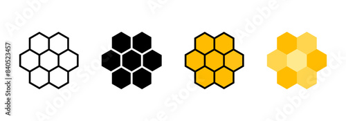 Honeycomb icon set. Honey symbol. Bee hive sign. Yellow hexagon comb vector illustration.