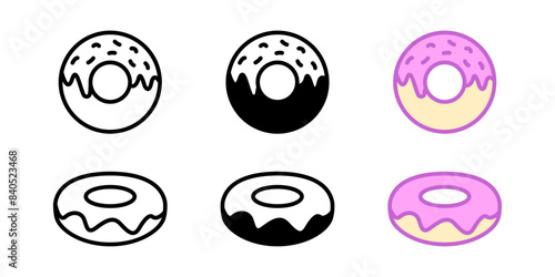 Donut icon set. Sweet doughnut symbol. Pink glazed donut vector illustration.