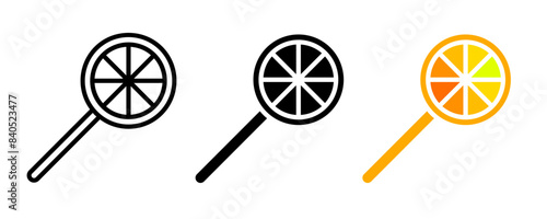 Lolipop icon. Sweet candy stick vector illustration. Circle segment citrus taste caramel symbol.