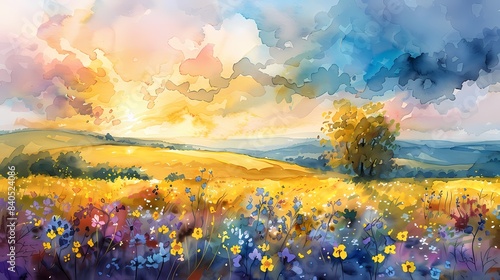 Watercolor rapeseed field landscape illustration poster background