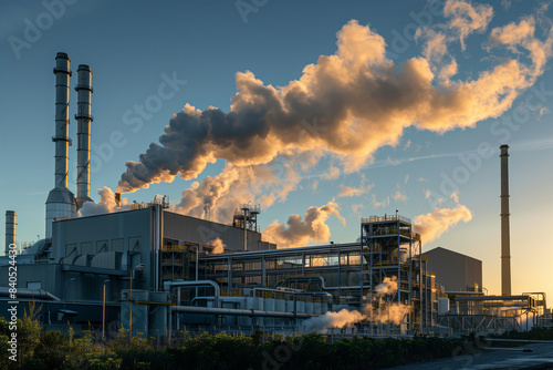 Industrial facility releasing smoke into the air during sunset, highlighting environmental pollution and industrial activities. Emphasis on the contrast between nature and industrialization