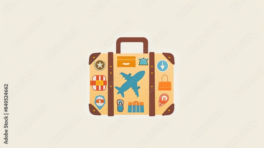 Travel suitcase illustration with travel icons, airplane symbol, and flat design on a beige background. Travel suitcase illustration with travel icons, airplane symbol, and flat design on a beige background.
