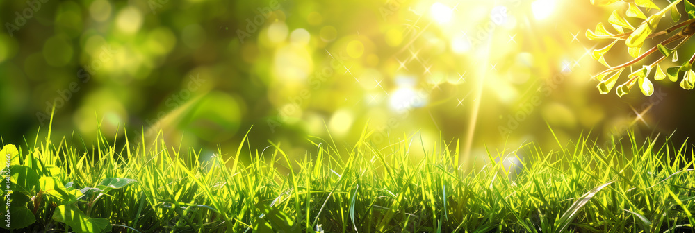 Fresh green grass illuminated by sunlight with a beautiful bokeh background, evoking feelings of nature and tranquility. Copy space, banner Fresh green grass illuminated by sunlight with a beautiful bokeh background, evoking feelings of nature and tranquility. Copy space, banner