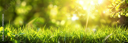 Fresh green grass illuminated by sunlight with a beautiful bokeh background, evoking feelings of nature and tranquility. Copy space, banner