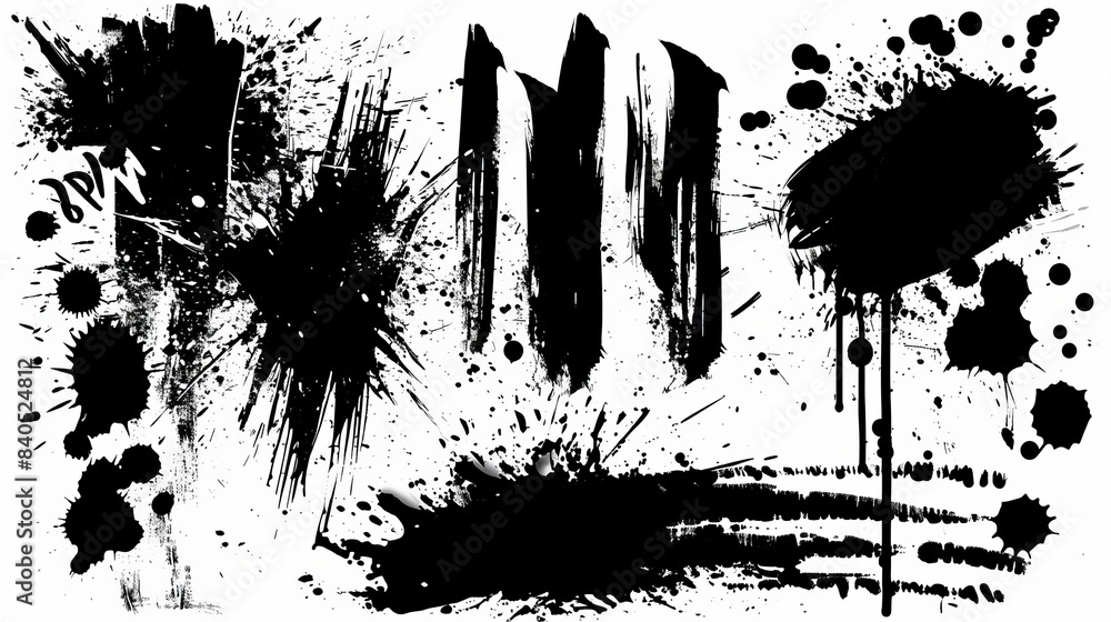 An awesome collection of black paint, great elaboration, spray graffiti stencil template, ink brush strokes, brushes, lines, splatter blotches. Isolated set. An awesome collection of black paint, great elaboration, spray graffiti stencil template, ink brush strokes, brushes, lines, splatter blotches. Isolated set.