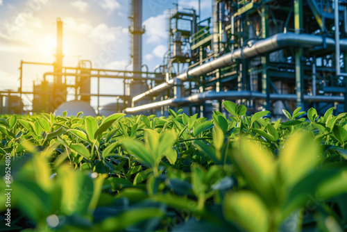 Safely generate green energy with an industrial factory and green plants, illuminated by sunlight, in the foreground. Low angle shot. Shallow depth of field