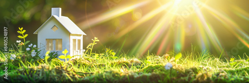 A white model house on lush green grass illuminated by sunshine, representing home, nature, and eco-friendly living. Copy space, banner