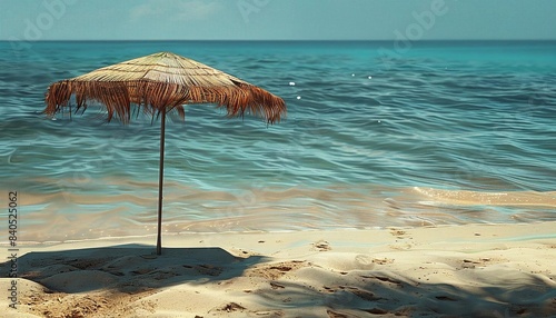 A detailed beach umbrella with shadows in the lowerleft third against a sandy beach photo