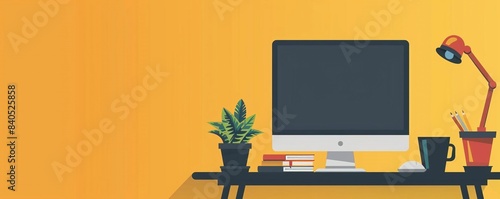 A flat office desk icon in the lowerright third against a pastel yellow background photo