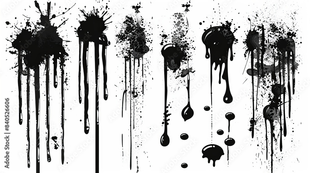 Graffiti stencil stencil on white background. Smudges and drops in spray paint shapes. Graffiti template with black splashes. Modern set of sprays. Graffiti stencil stencil on white background. Smudges and drops in spray paint shapes. Graffiti template with black splashes. Modern set of sprays.