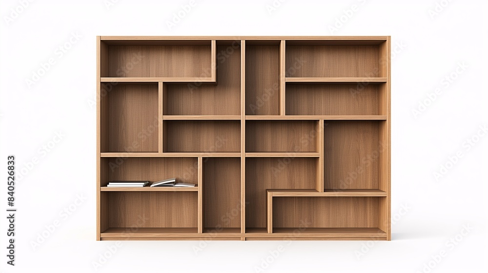 Modern wooden bookshelf with multiple compartments, ideal for home or office organization, photographed against a white background. Modern wooden bookshelf with multiple compartments, ideal for home or office organization, photographed against a white background.