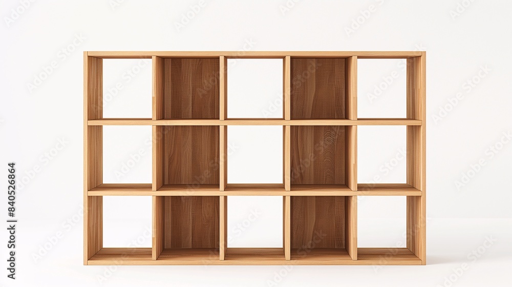 Modern wooden cube shelf with multiple compartments for storage and display against a white background, perfect for home or office organization. Modern wooden cube shelf with multiple compartments for storage and display against a white background, perfect for home or office organization.