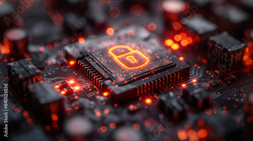 A computer chip with a glowing lock symbol on it