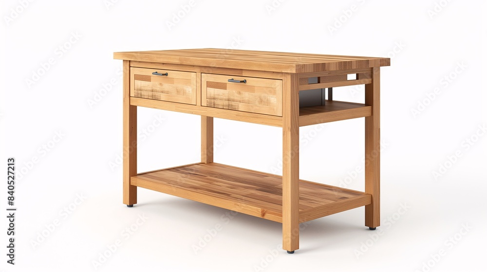 Wooden kitchen island table with drawers and lower shelf, perfect for storage and organization in a modern or rustic kitchen. Wooden kitchen island table with drawers and lower shelf, perfect for storage and organization in a modern or rustic kitchen.