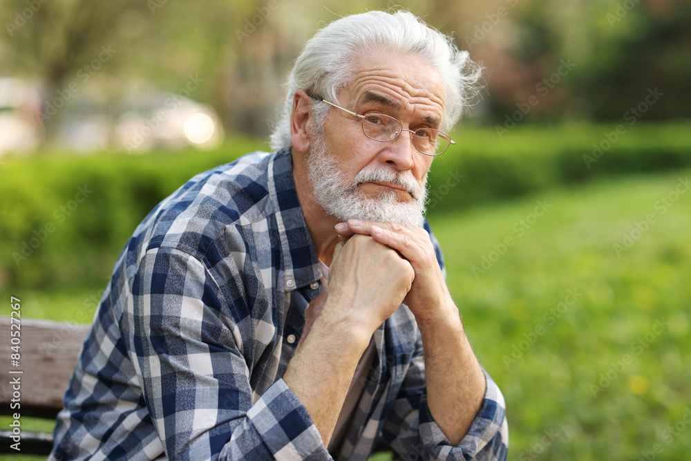 Portrait of happy grandpa with glasses on bench in park Portrait of happy grandpa with glasses on bench in park