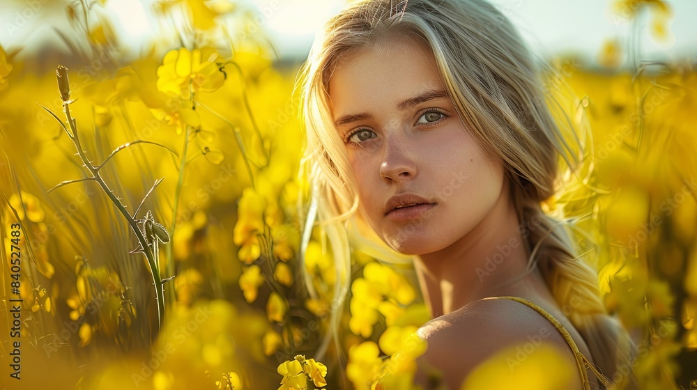 Beautiful blone-haired girl poses amidst a field of blooming yellow rapeseed flowers Beautiful blone-haired girl poses amidst a field of blooming yellow rapeseed flowers