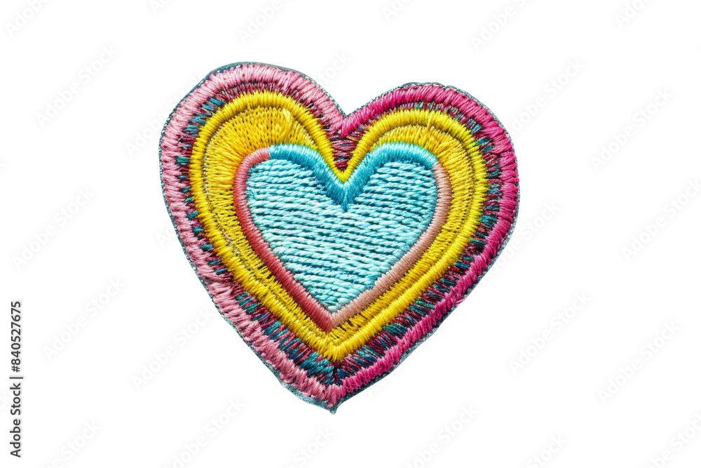 Colorful embroidered heart patch with layered design, perfect for clothing embellishment or craft projects. Sewing and DIY accessory. Colorful embroidered heart patch with layered design, perfect for clothing embellishment or craft projects. Sewing and DIY accessory.