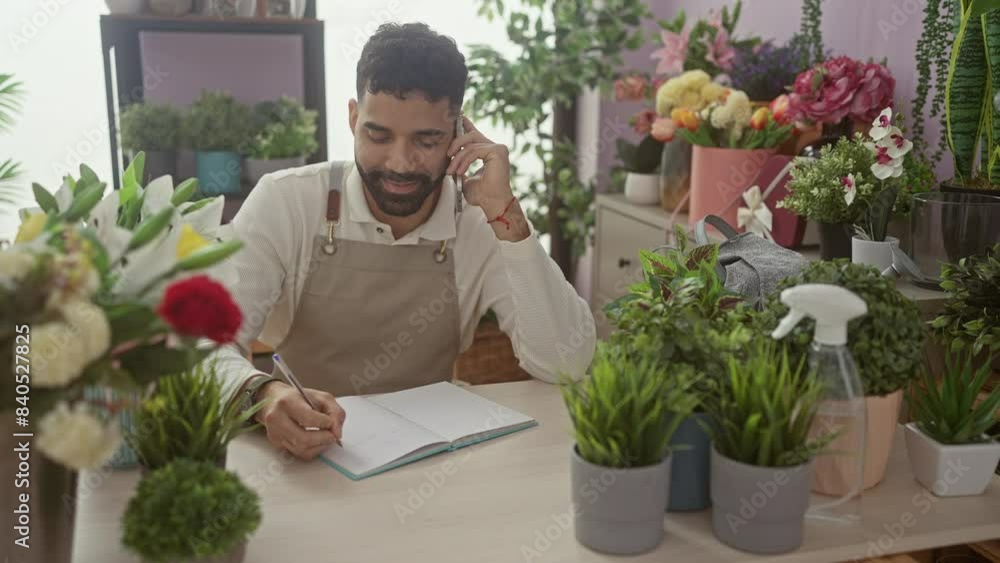 A young bearded hispanic man writes notes while talking on the phone in a vibrant flower shop. A young bearded hispanic man writes notes while talking on the phone in a vibrant flower shop.