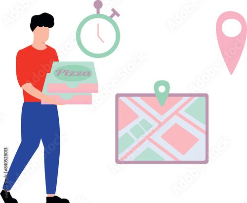 The boy is holding pizza boxes.