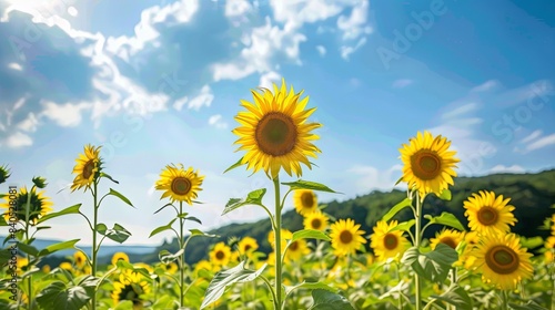 A field of flowering sunflowers on a summer day
