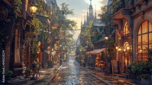 Charming Victorian Street Scene  Quaint shops and cafes on cobblestone road under twilight gas lamps