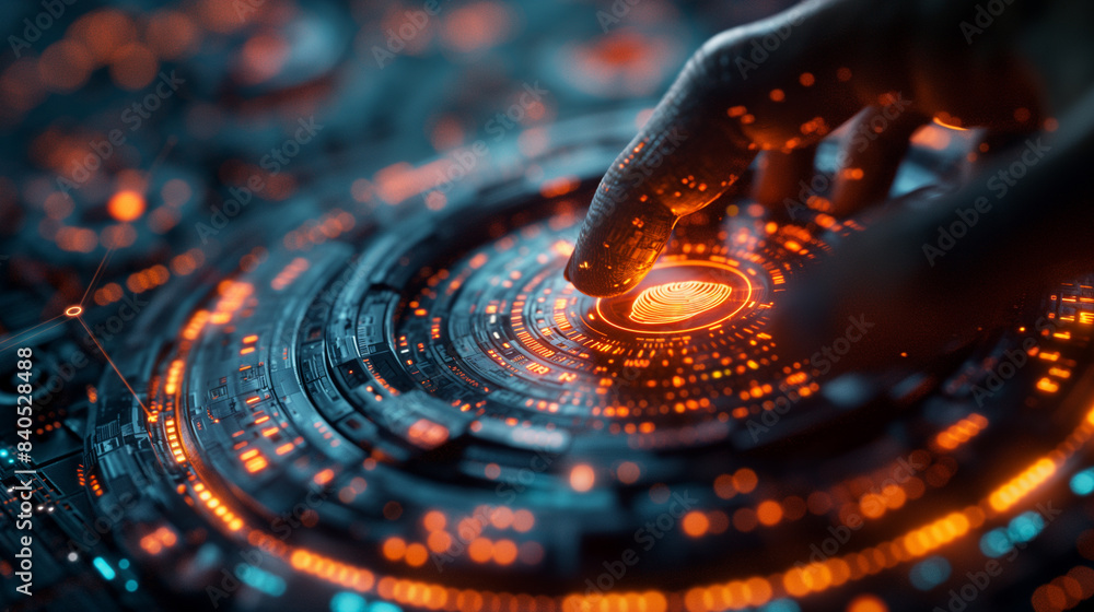 A hand is touching a glowing circle with a black outline