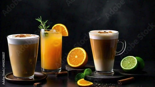 Glass of coffee and juice with lamon and orange photo
