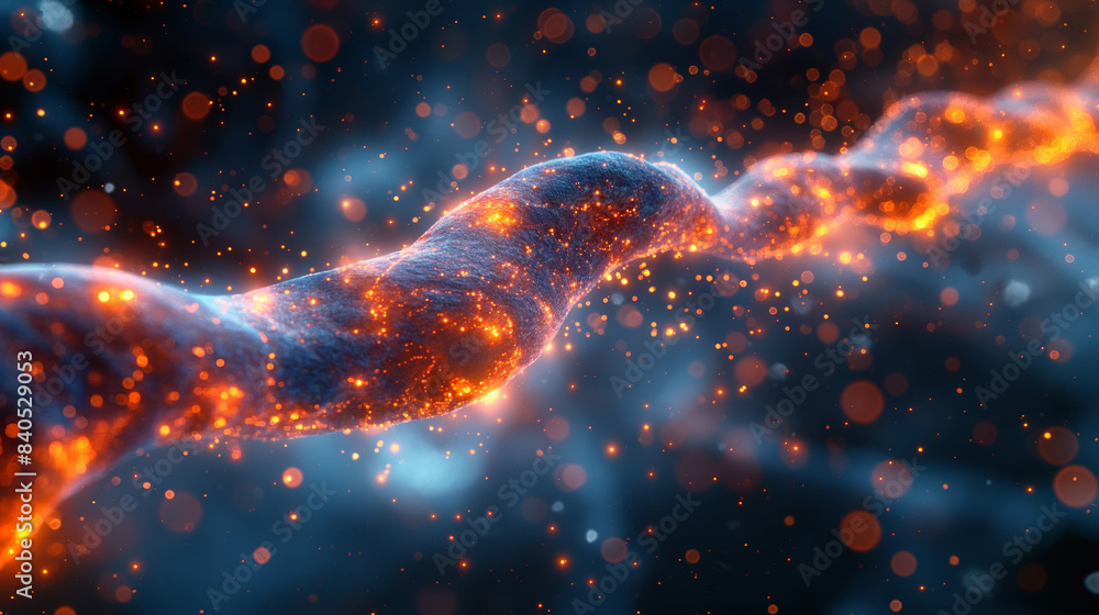A glowing, twisted strand of DNA is surrounded by a blue and orange background A glowing, twisted strand of DNA is surrounded by a blue and orange background