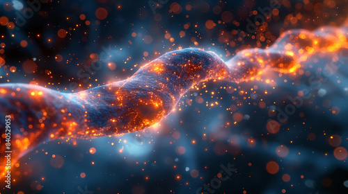 A glowing, twisted strand of DNA is surrounded by a blue and orange background