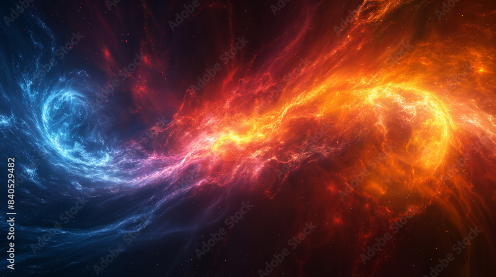 A colorful galaxy with two red and blue swirls A colorful galaxy with two red and blue swirls