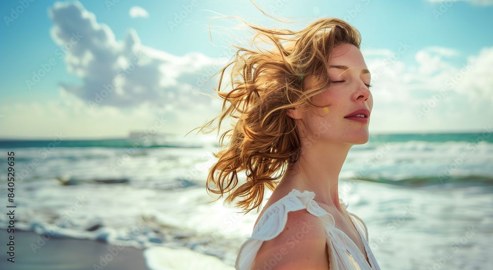 Naklejka premium A woman with short, wavy blonde hair stands on a sunny beach with her eyes closed, enjoying the ocean breeze