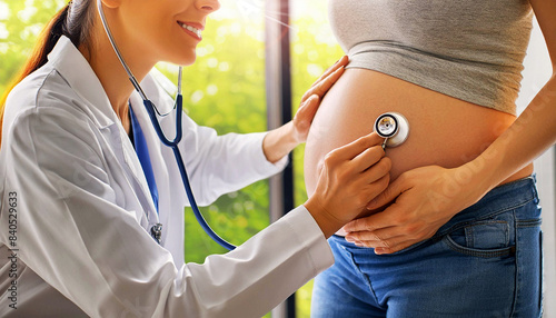 Female doctor listening breath or heartbeat of baby with stethoscope in a pregnant female abdomen. Concept of healthcare checkup and medical professional consultation. Generative Ai.