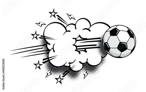 Soccer football ball fly at high speed and breaks through the cloud. Vector on transparent background in comic style 