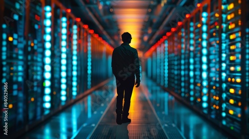 A lone figure walks through a data center, their silhouette illuminated by the vibrant lights of servers and network equipment © Darya